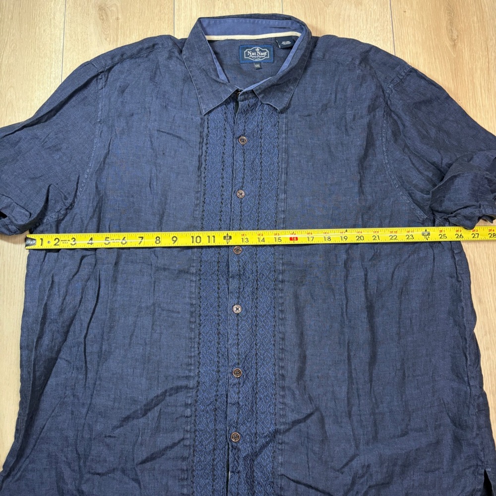 Nat Nast Luxury Originals Mens XXL Navy Blue 100% Linen Embroidered Camp Shirt - Picture 5 of 6